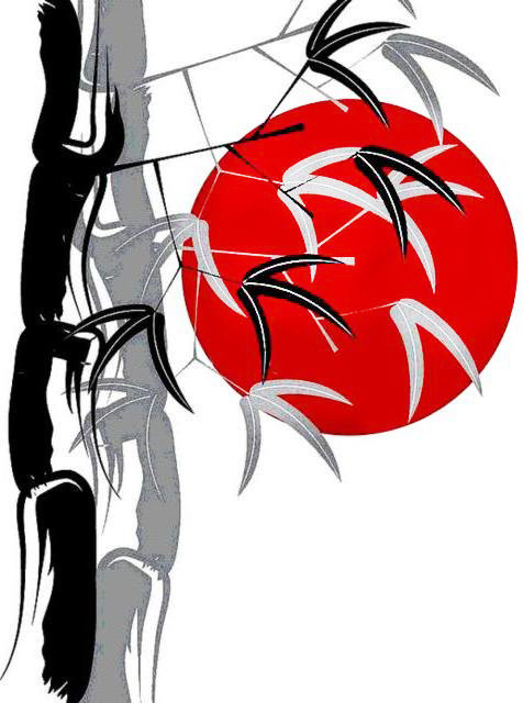 живопись востока - япония, солнце, акварель, бамбук - оригинал