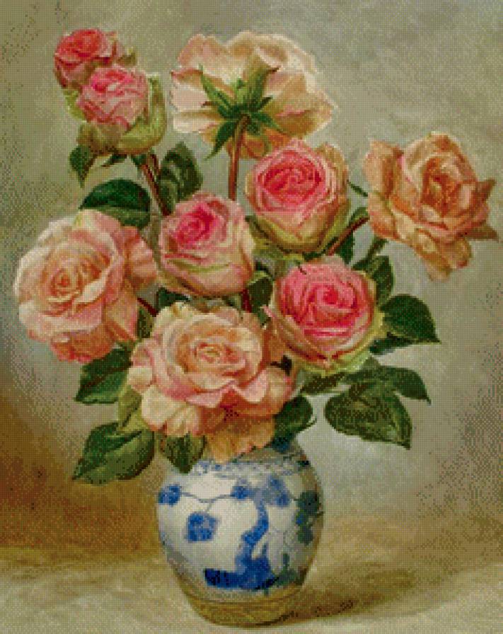 розы в синей вазе - живопись, картина, роза, цветы, ваза, букет - предпросмотр