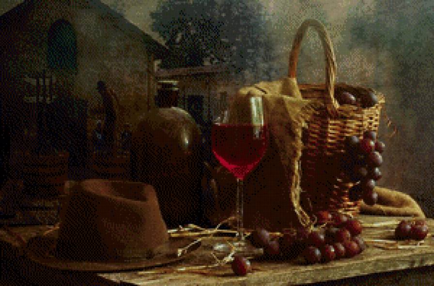 натюрморт с вином - виноград, картина, вино, натюрморт, угощение - предпросмотр