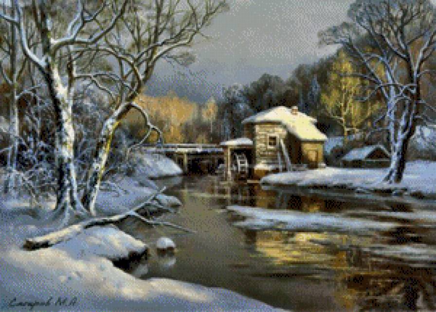 М.Сатаров Зимой у мельницы - картины, пейзаж, картина - предпросмотр