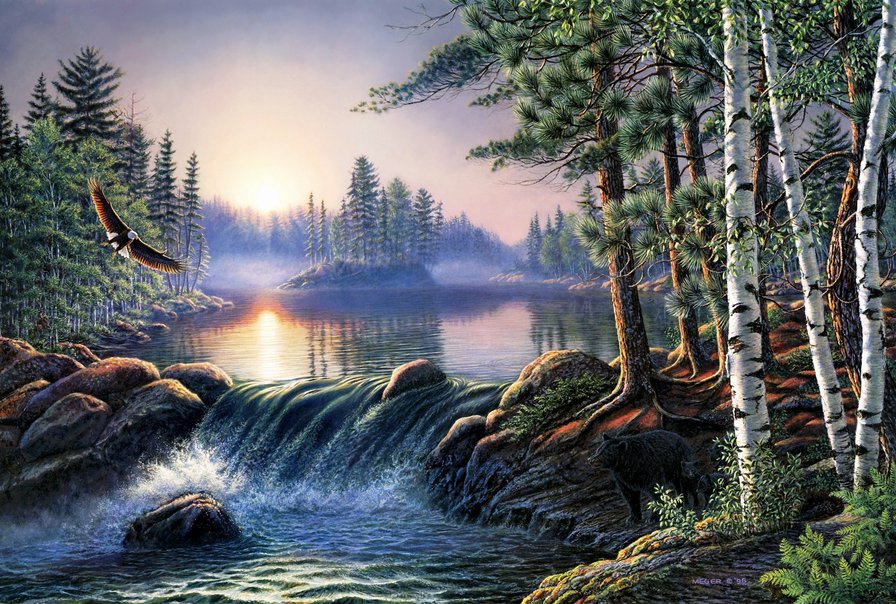 утро в горах - пейзаж, природа, река, орел - оригинал