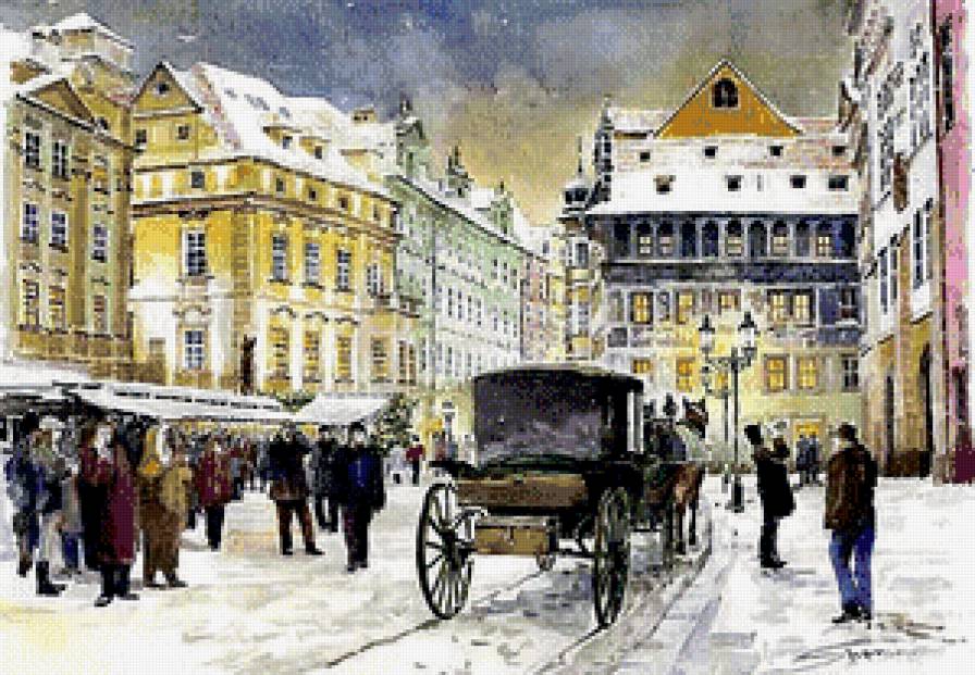 Городская зима - зима, дома, город, пейзаж, карета, улицы - предпросмотр