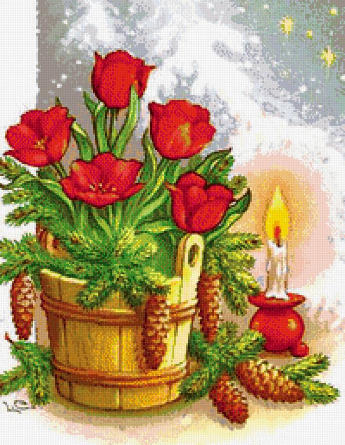 Новогоднее настроение - шишки, цветы, свеча - предпросмотр
