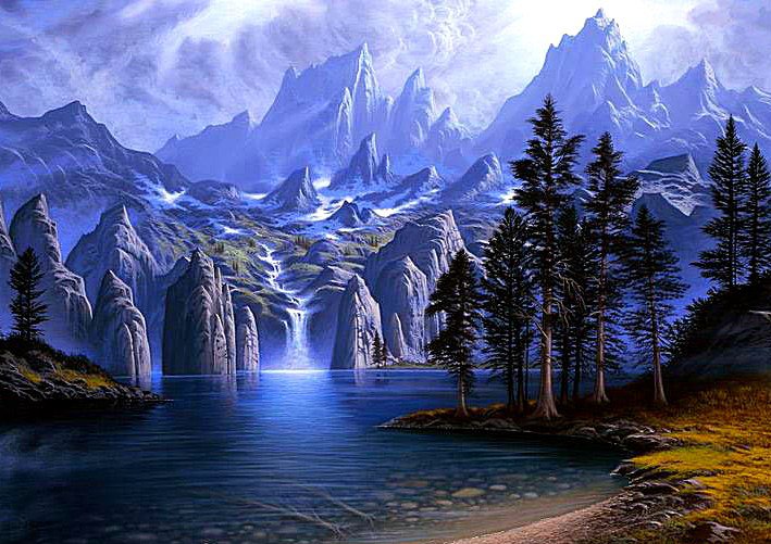 Синий пейзаж - горы, озеро, пейзаж, водопад - оригинал