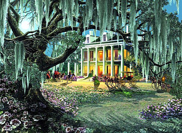 Вечерние гости - дерево, дом, пейзаж, кареты - оригинал