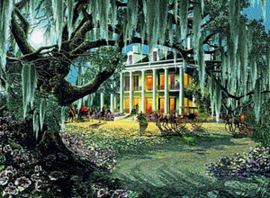 Вечерние гости - пейзаж, дом, дерево, кареты - предпросмотр