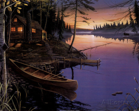 охотничий дом у реки - домик, лес, дом, берег, лодка, избушка, река, вечер - оригинал