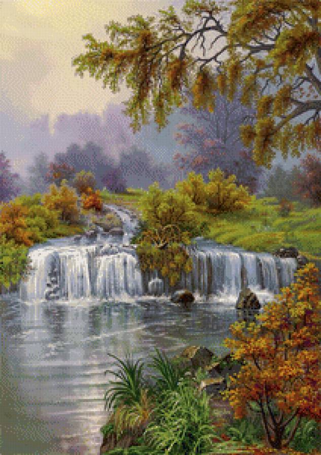 пейзаж с водопадом - луг, река, природа, водопад, берег, поляна, лес, пейзаж - предпросмотр