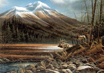 переправа - природа, берег, картина, река, горы, камыш, лес, пейзаж, олени - оригинал