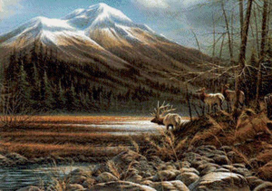 переправа - камыш, пейзаж, горы, картина, олени, берег, природа, лес, река - предпросмотр