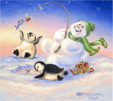пингвинчики на рыбалке - детская, удочка, снег, снеговик, пингвины, дона гелсингер, зима - оригинал