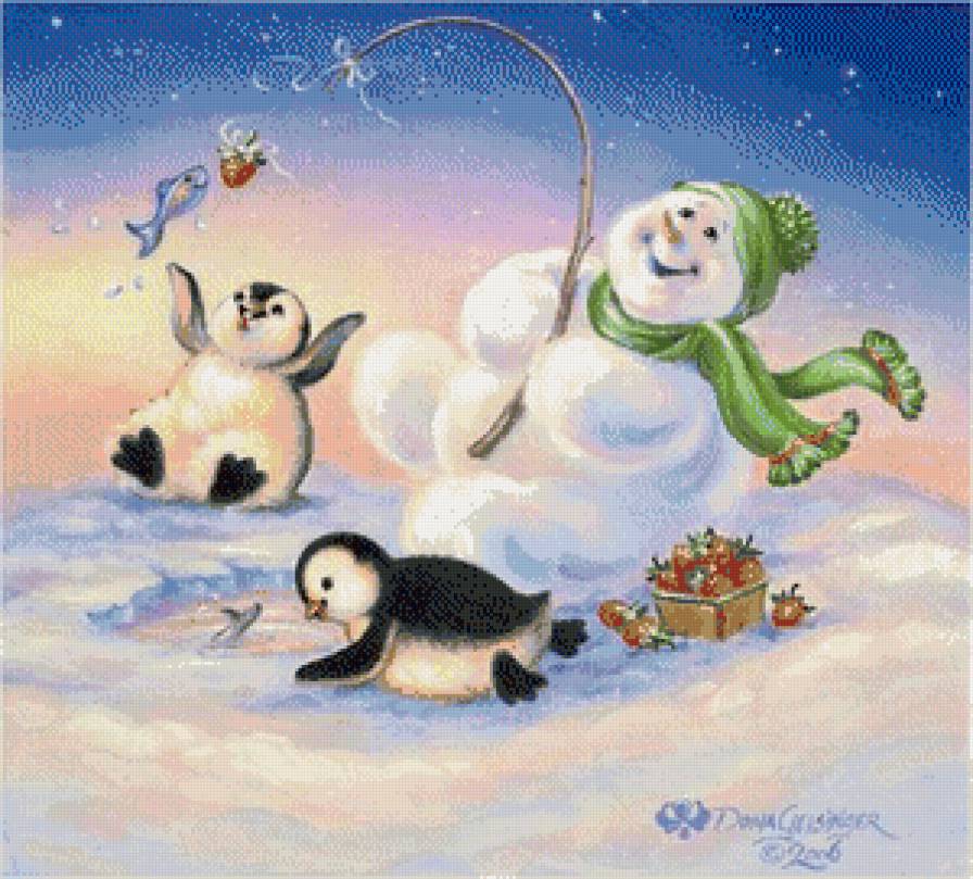 пингвинчики на рыбалке - дона гелсингер, снеговик, удочка, снег, зима, детская, пингвины - предпросмотр