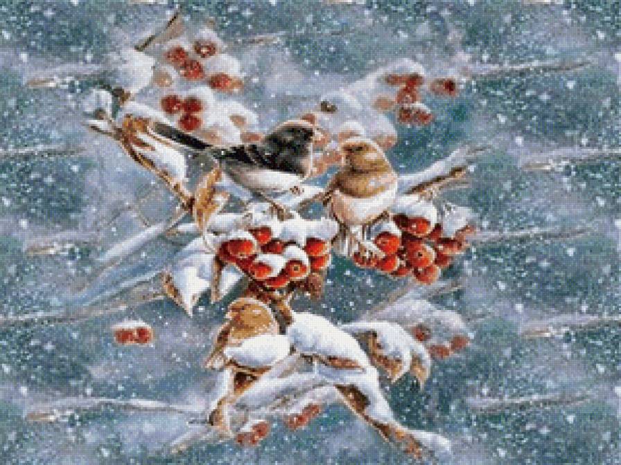 птички на ветке рябины - снегири, веточка, снег, зимородки, рябина, синички, зима, птицы - предпросмотр