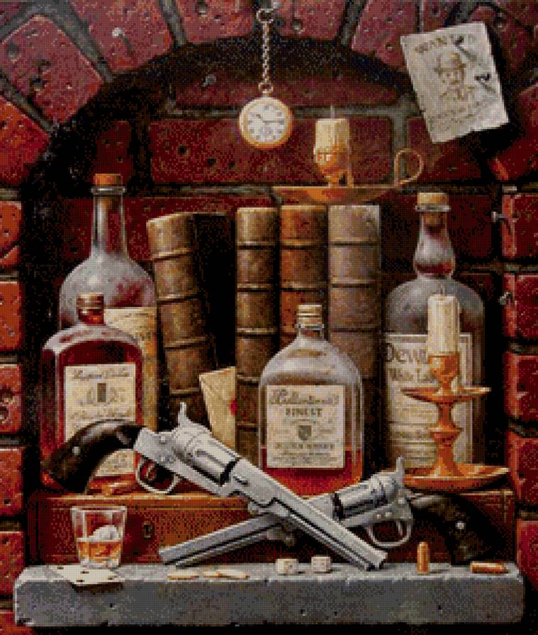 мужской натюрморт - пистолет, свеча, ниша, карта, книга, бутылка, живопись, вино, часы, рюмка - предпросмотр