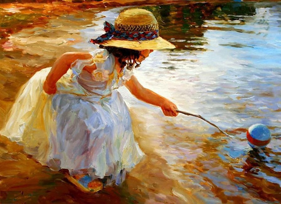 ...уронила в речку мячик... - дети, берег, картина, речка, мячик, девочка - оригинал