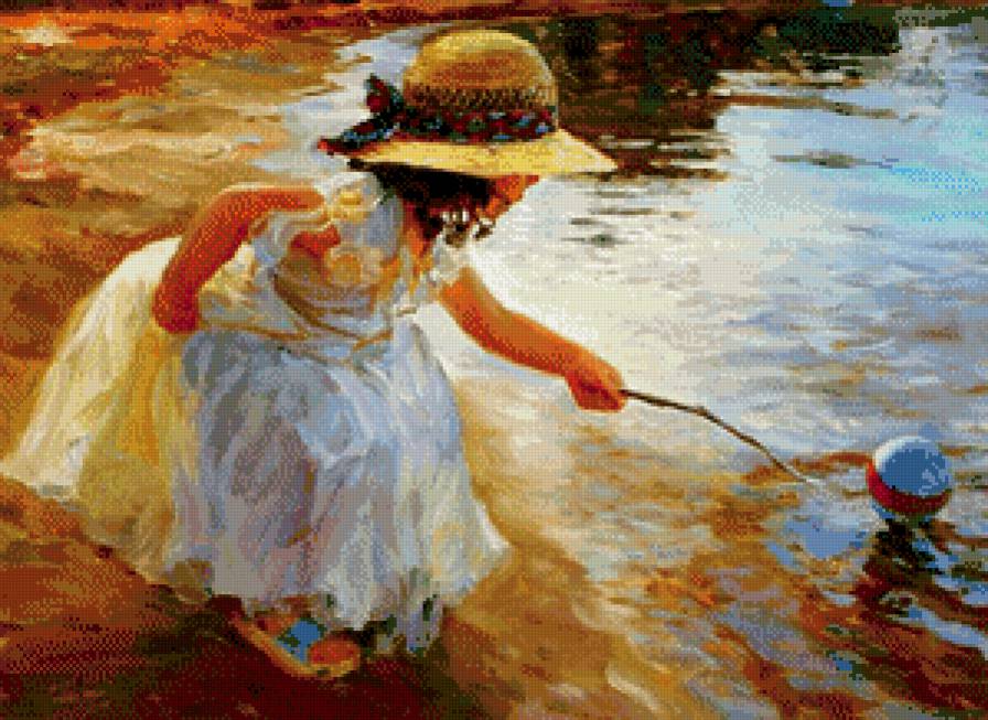 ...уронила в речку мячик... - берег, картина, мячик, дети, речка, девочка - предпросмотр