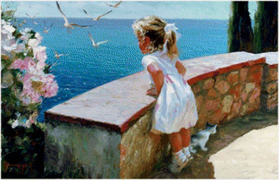 девочка и чайки - пейзаж, дети, девочка, птицы, море, котенок - предпросмотр