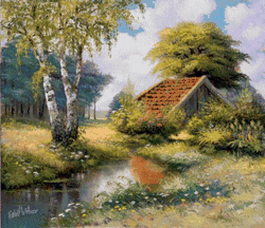 картина - природа, домик, речка - предпросмотр