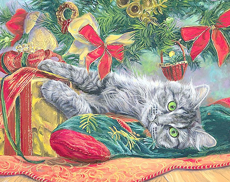 Кот на рождественском сапожке - кошки, живопись, праздники, рождество, новый год, животные - оригинал