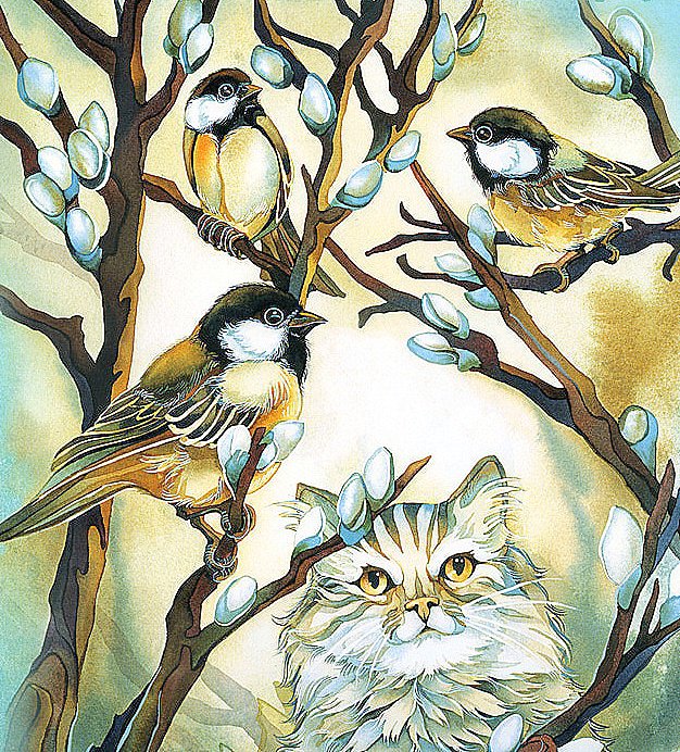 Весенние трели - живопись, животные, весна, птицы, кошки - оригинал