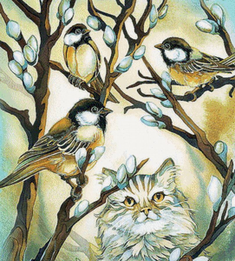 Весенние трели - живопись, животные, птицы, весна, кошки - предпросмотр