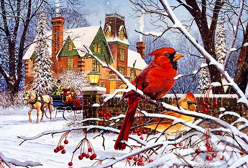 Серия "Зимний пейзаж" - зима, кардиналы, люди, домик, пейзаж, птицы, лошади - оригинал