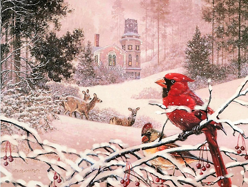 Серия "Зимний пейзаж" - домик, зима, олени, пейзаж, кардиналы, птицы - оригинал