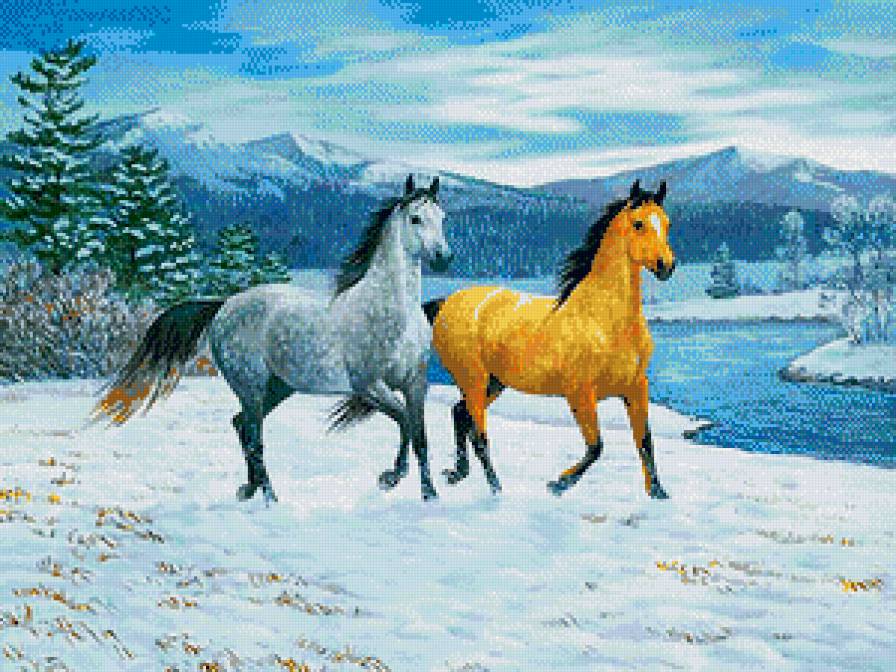 Серия "Зимний пейзаж" - пейзаж, река, лошади, зима, животные - предпросмотр