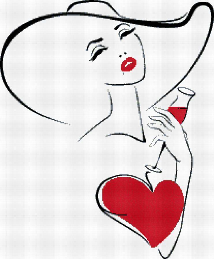 Девушка с бокалом - монохром, дама, девушка, красавица, контурная - предпросмотр