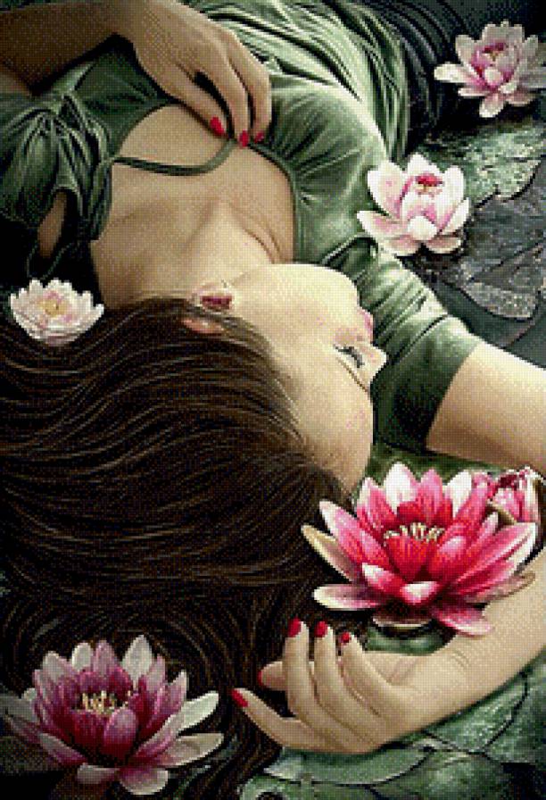 Девушка в лотосах - лотосы, цветы, девушка, картина - предпросмотр