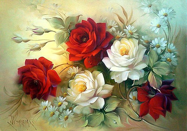 розы и ромашки - природа, цветы.букет, ромашки, розы - оригинал