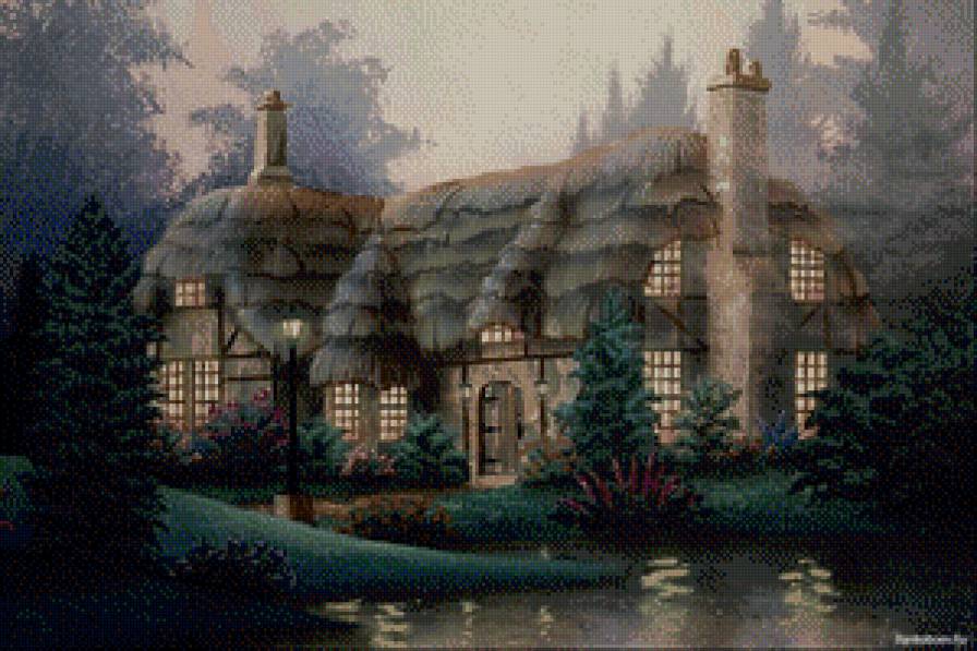 сказочный домик - цветы, лес, лето, озеро, домик, природа, пруд, пейзаж - предпросмотр