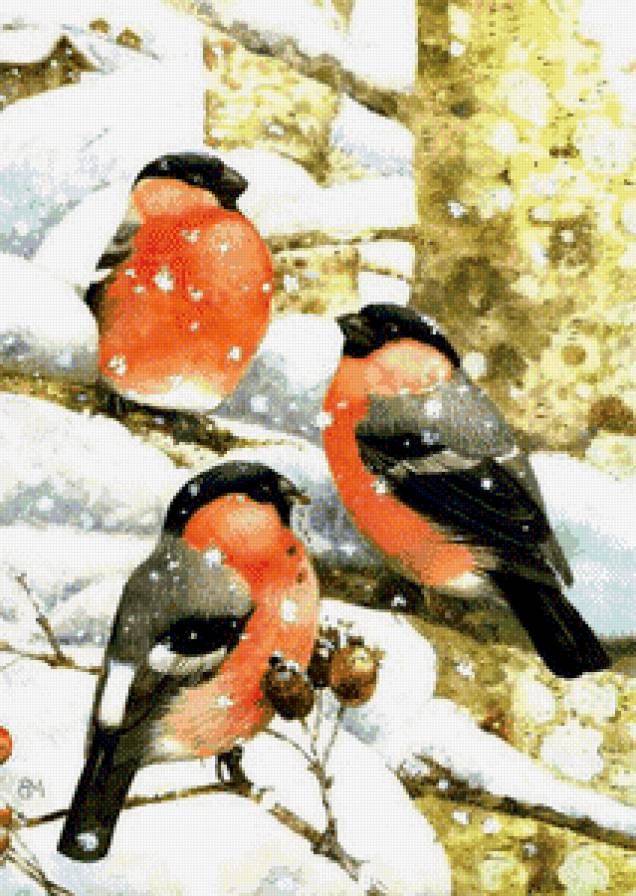 снегири зимой - серия птицы, птички, картина, зима, синички, снегири, природа, снег - предпросмотр
