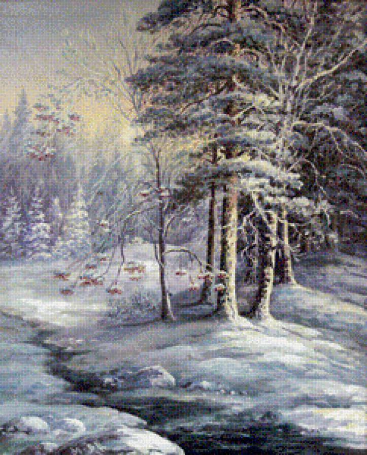 у застывшей реки - сугроб, лес, река, сосна, пейзаж, ели, зима, природа, дерево, снег, елки - предпросмотр