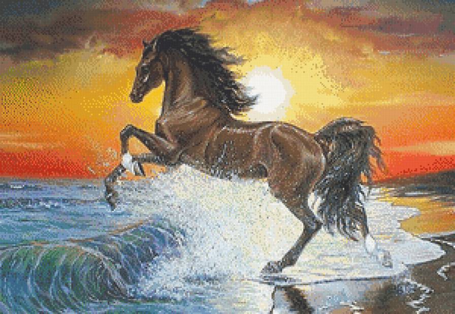В брызгах волн...(живопись) - животные, море, картины, закат, лошади, живопись - предпросмотр