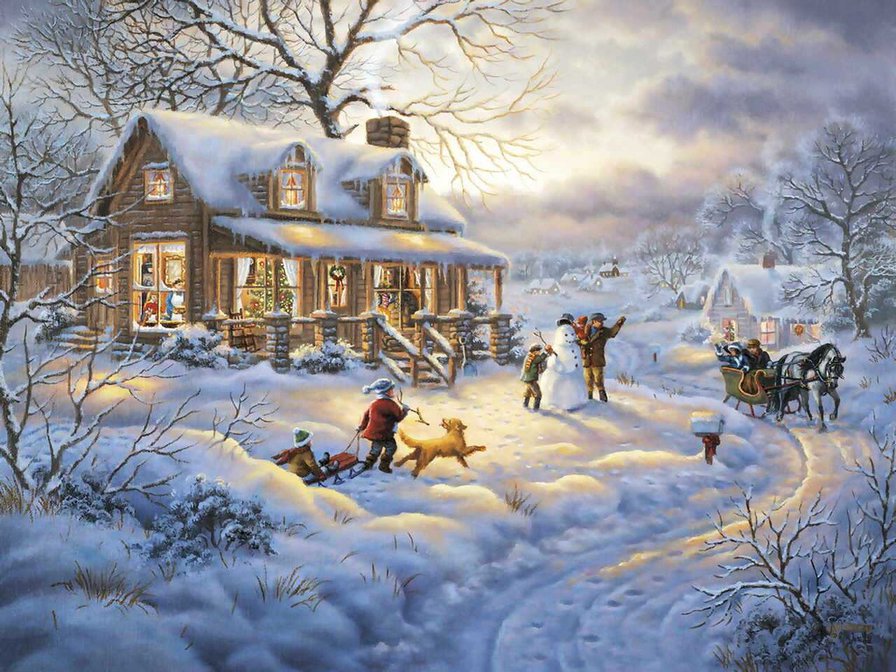 Judy Gibson - рождество, пейзаж, дети, зима - оригинал