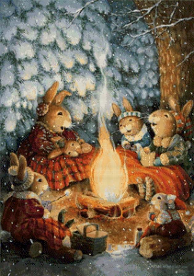 рисунок - зима, костер, картинка - предпросмотр