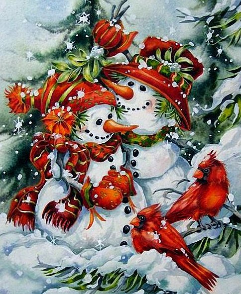 Веселые снеговики - картинка, птички, новогоднее, снеговики, зима - оригинал