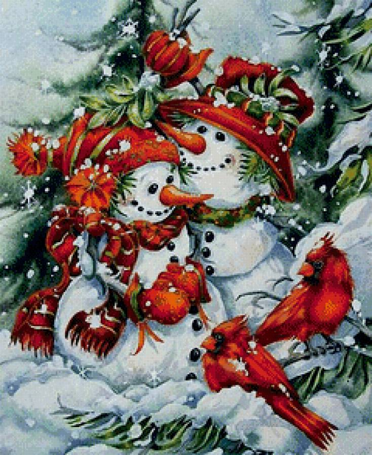 Веселые снеговики - новогоднее, картинка, птички, снеговики, зима - предпросмотр