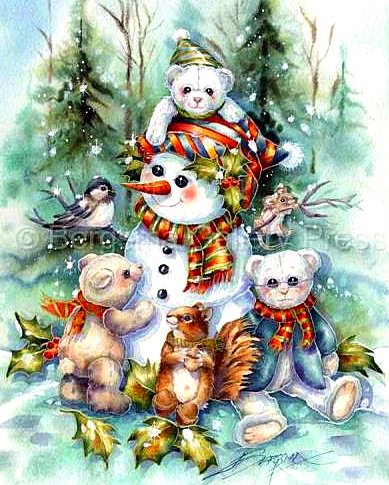 Снеговик - мишки, зима, снеговик, птички, новогоднее, картинка - оригинал