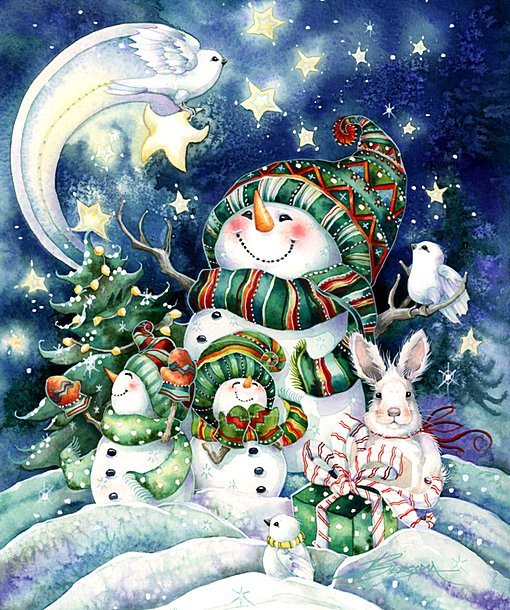 Веселые снеговики - новогоднее, снеговики, картинка, зима, птички - оригинал