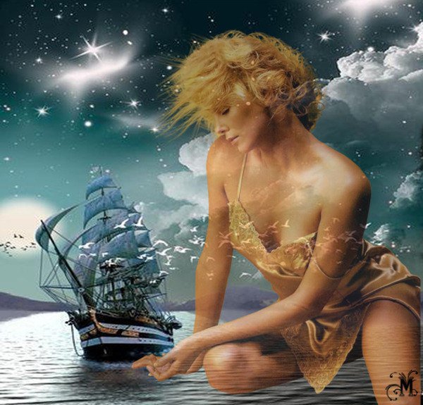Девушка - корабль, девушка, море, ночь - оригинал