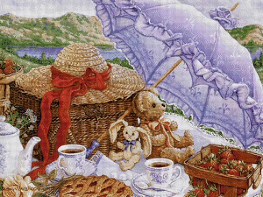 пикник - игрушки, зонтик, лето, мишка, ягоды, шляпа, чай, клубника - предпросмотр