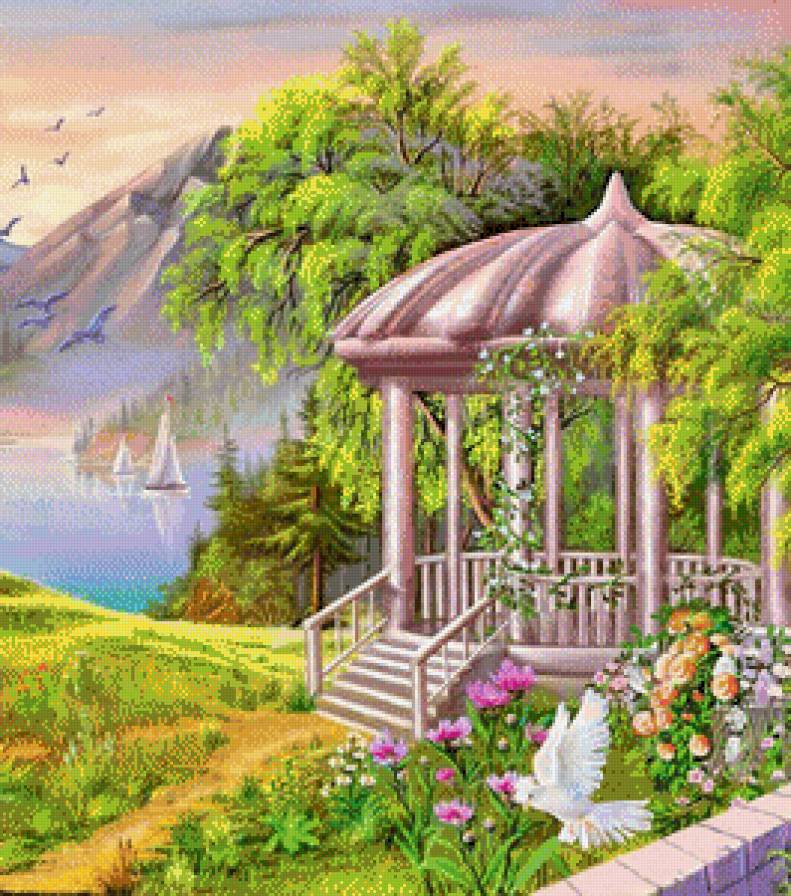 Беседка - живопись, беседка, пейзаж, море - предпросмотр