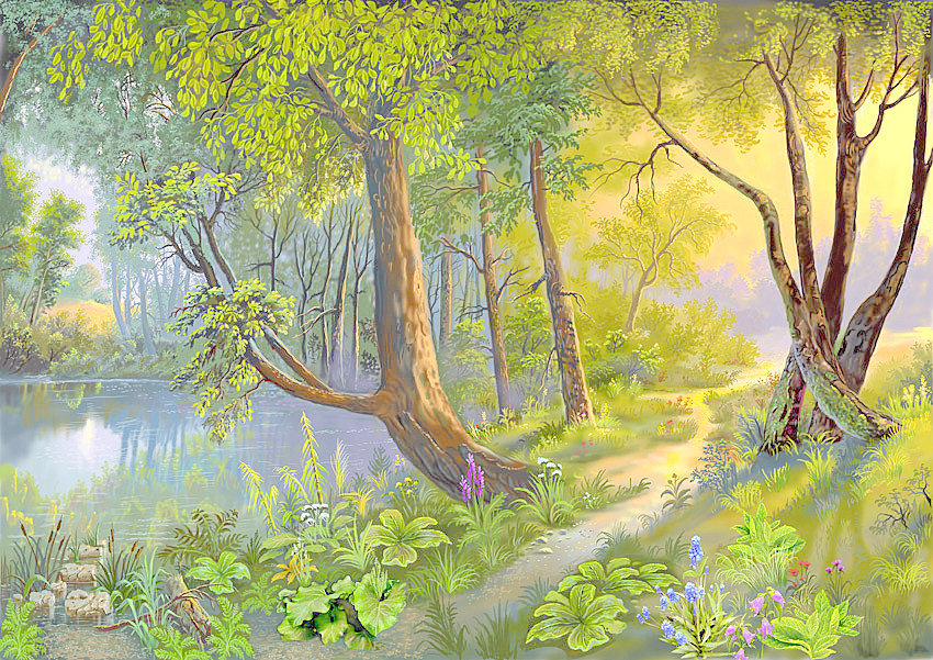 Сказочный лес - пейзаж, живопись, лес, река - оригинал