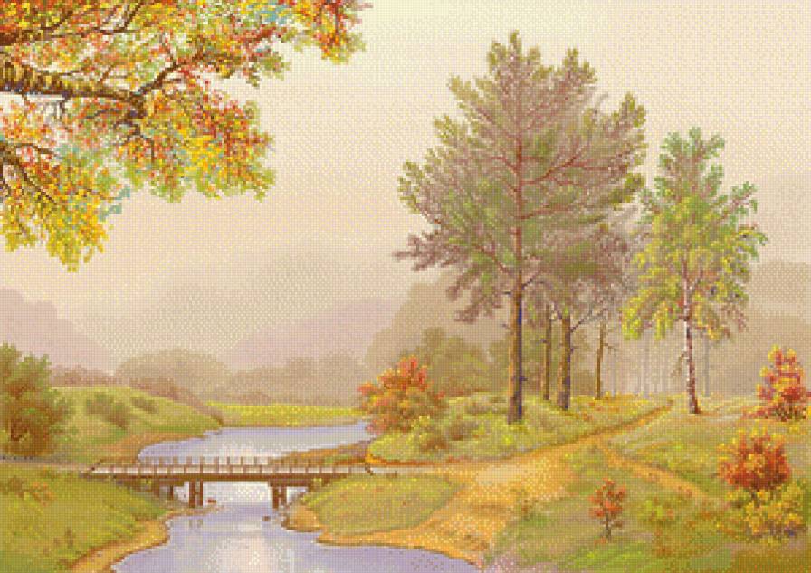 Сказочный пейзаж - мостик, пейзаж, осень, река, живопись - предпросмотр