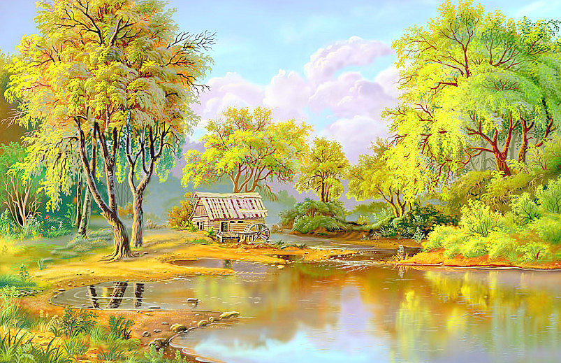 Сказочный пейзаж - живопись, пейзаж, мельница, река, осень - оригинал