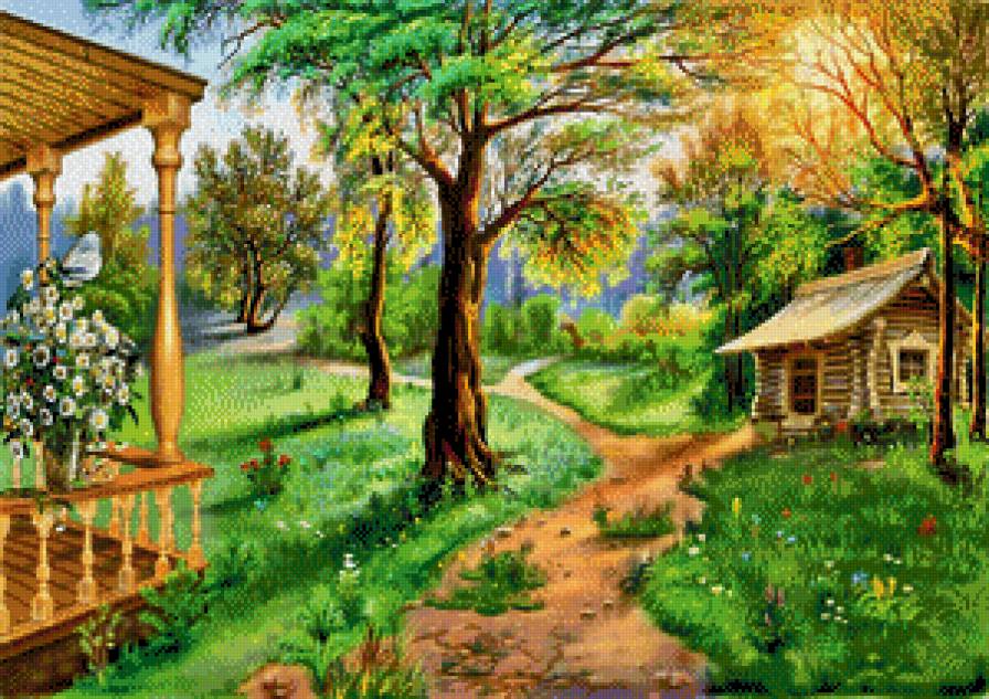 Сказочный пейзаж - пейзаж, лес, живопись, домики - предпросмотр