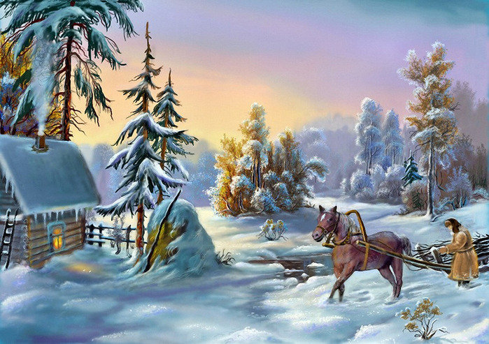 Сказочный пейзаж... - домики, живопись, животные, пейзаж, люди, лошади, зима - оригинал