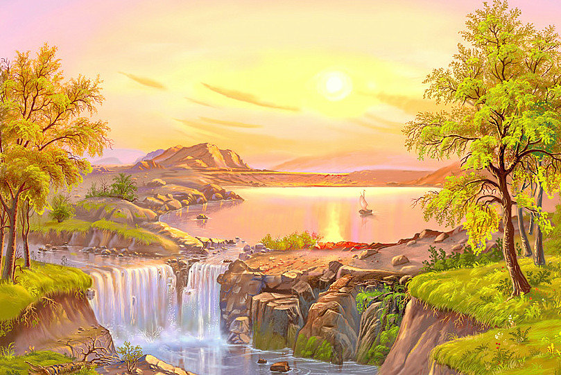 Сказочный пейзаж - река, пейзаж, водопад, закат, живопись - оригинал